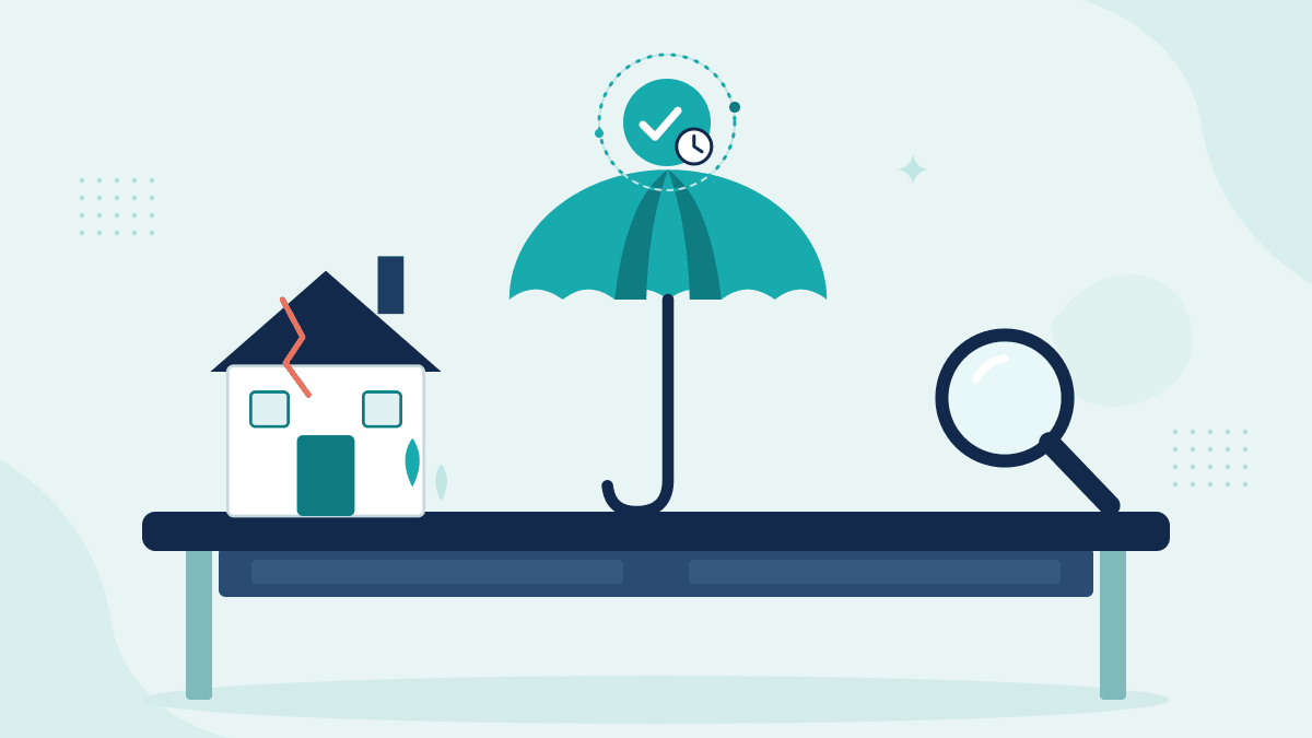 Flat illustration of a storm-damaged house, an insurance umbrella and a magnifying glass, with a teal timestamp badge