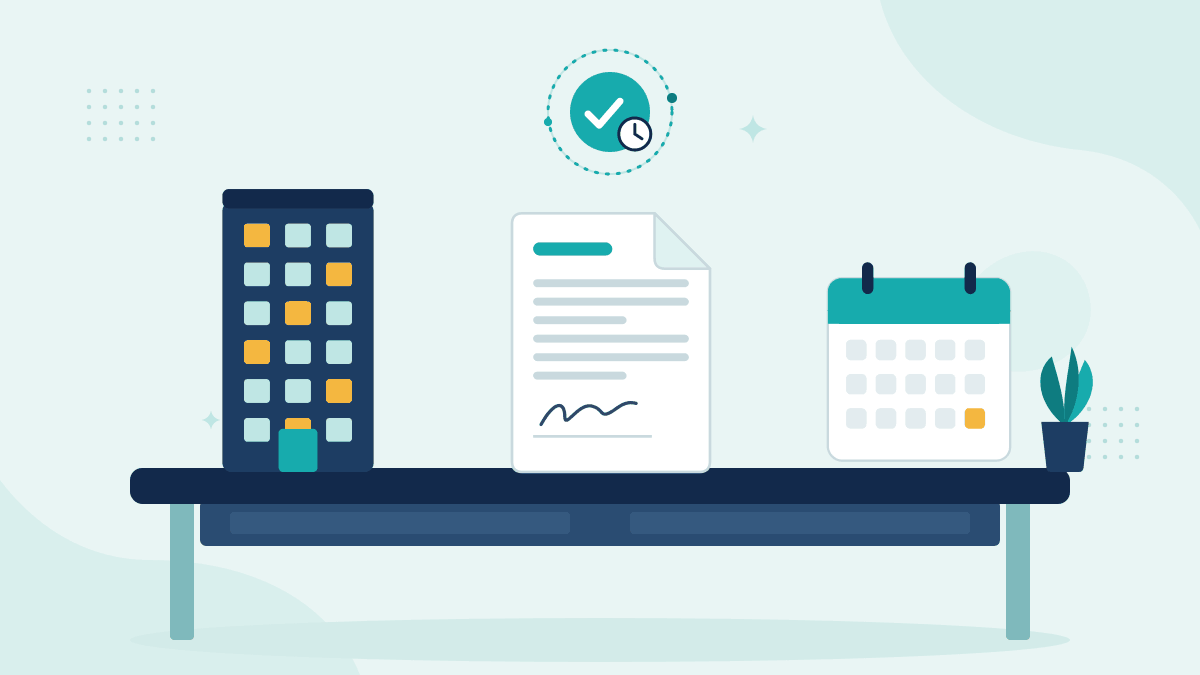 Flat illustration of an office building, a signed lease and a calendar, with a teal timestamp badge