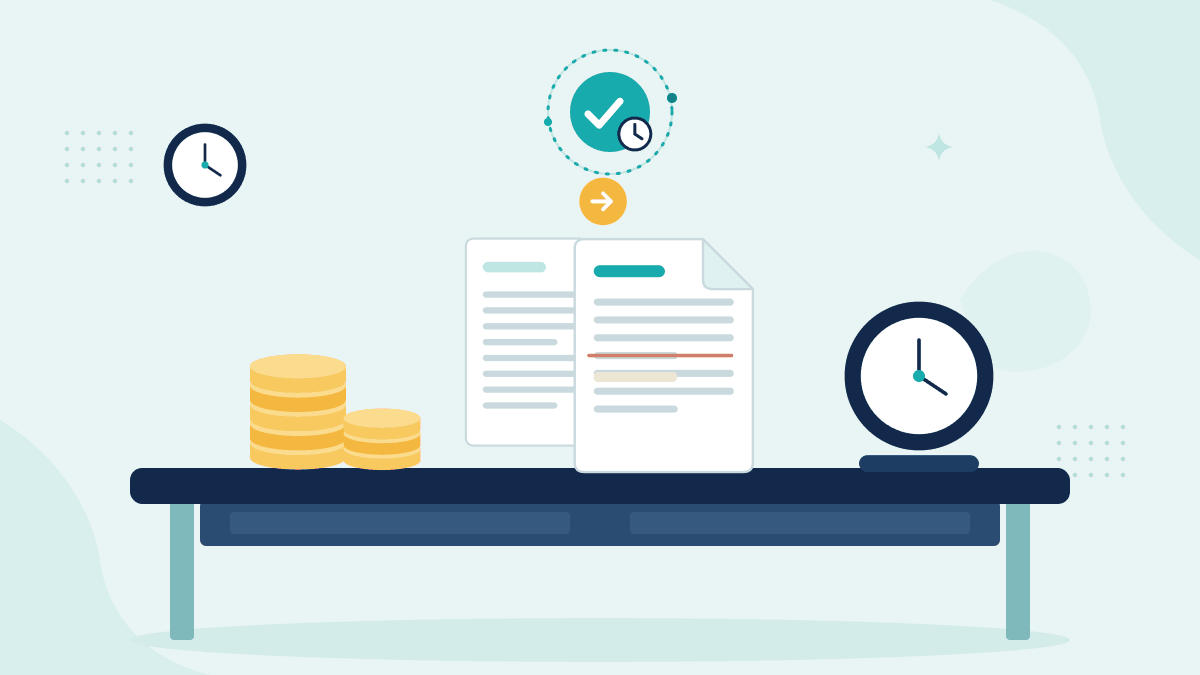 Flat illustration of stacks of coins, an original and an amended loan agreement and a desk clock, with a teal timestamp badge