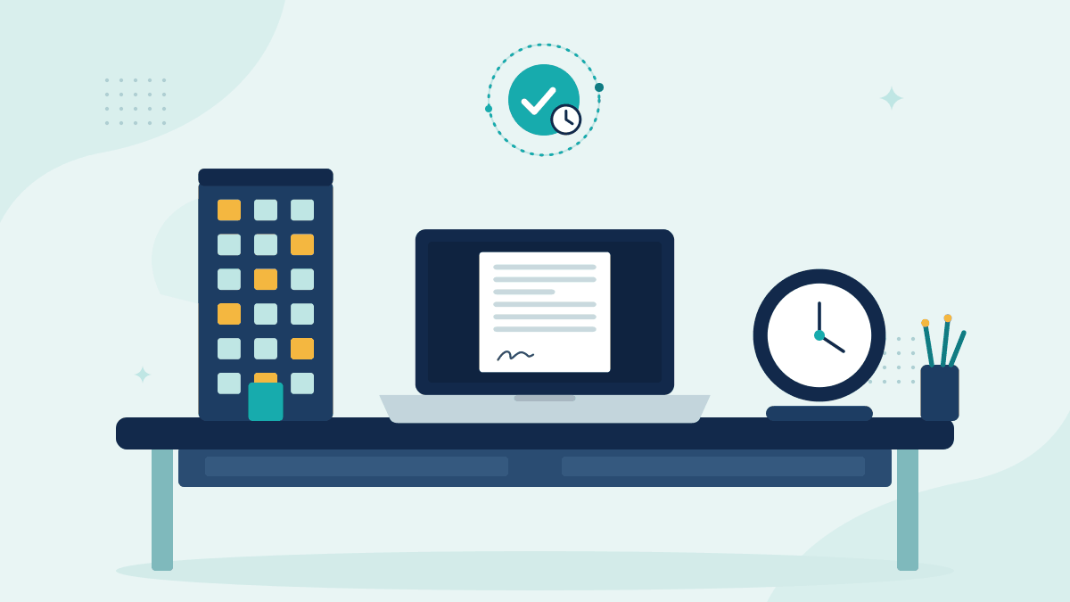Flat illustration of an office building, a laptop showing a lease document and a desk clock, with a teal timestamp badge