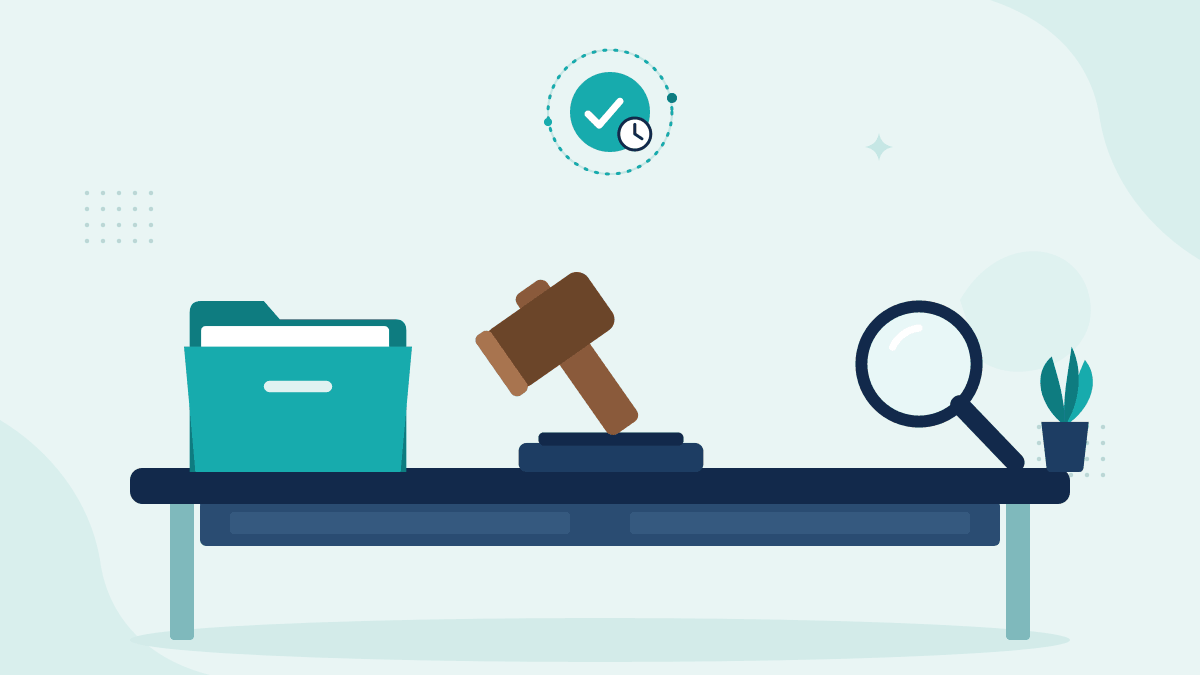 Flat illustration of a case file folder, a judge's gavel and a magnifying glass, with a teal timestamp badge