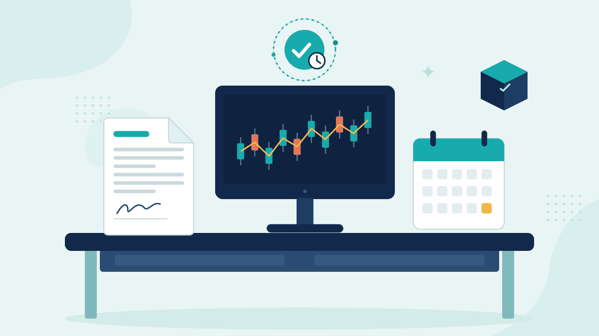 Flat illustration of a signed trade instruction, a trading screen with a candlestick chart and a calendar with the trade date