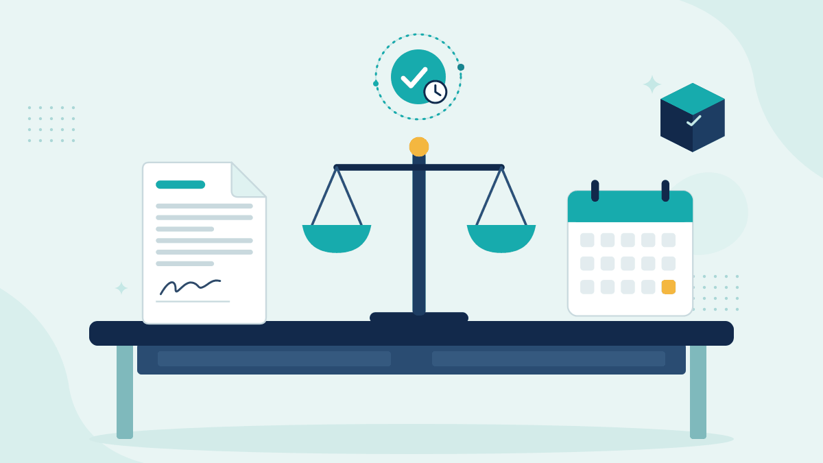 Flat illustration of a signed legal document, scales of justice and a calendar, with a teal timestamp badge