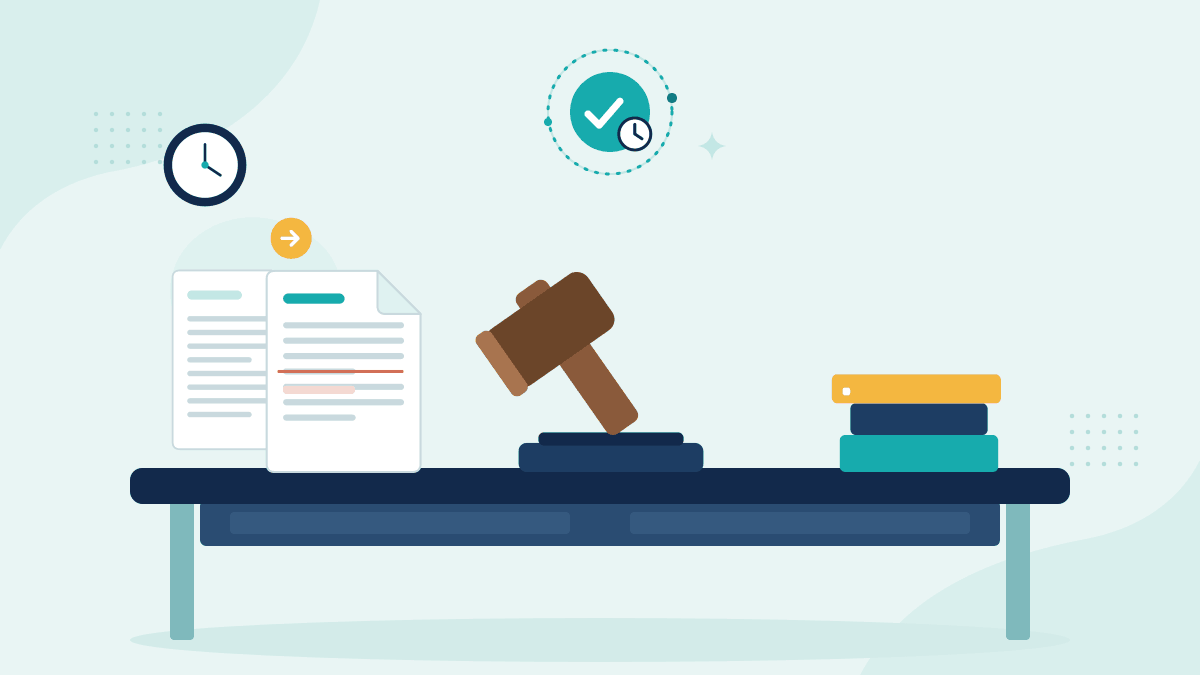 Flat illustration of two competing contract drafts, a judge's gavel and a stack of law books, with a teal timestamp badge
