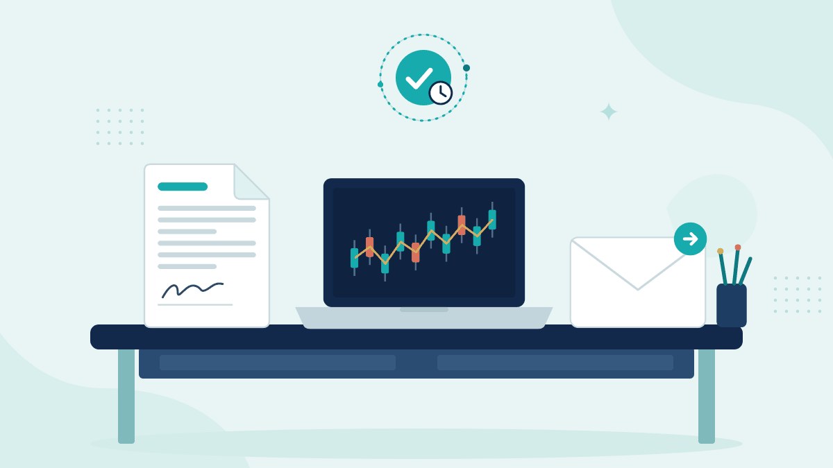 Flat illustration of a signed trade instruction, a laptop with a live trading chart and an email envelope