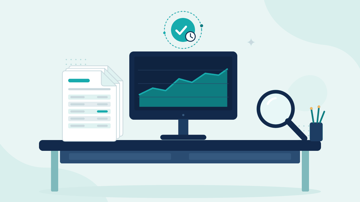 Flat illustration of a stack of trade confirmations, a monitor showing a market price chart and a magnifying glass