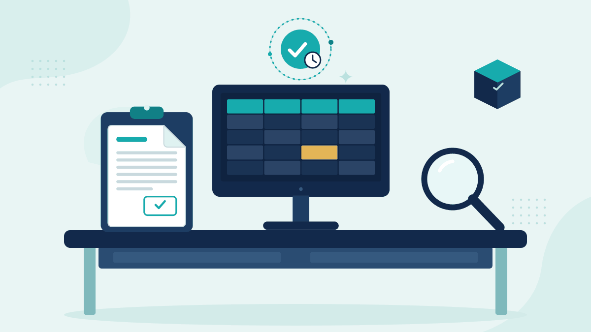 Flat illustration of an approved trade ticket, a monitor with an order spreadsheet and a magnifying glass