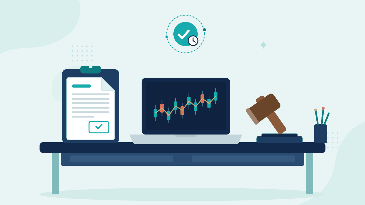 Flat illustration of an approved trade ticket, a laptop with a live trading chart and a gavel, with a teal timestamp badge