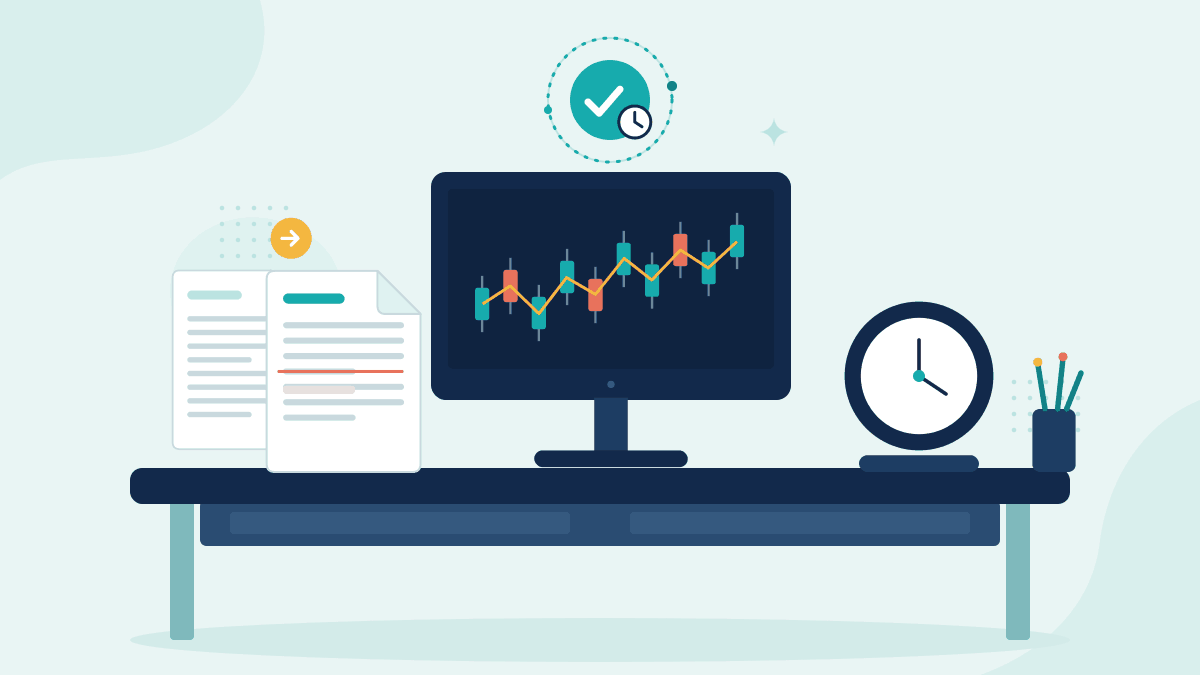 Flat illustration of two versions of a trade instruction, a trading screen with a candlestick chart and a desk clock