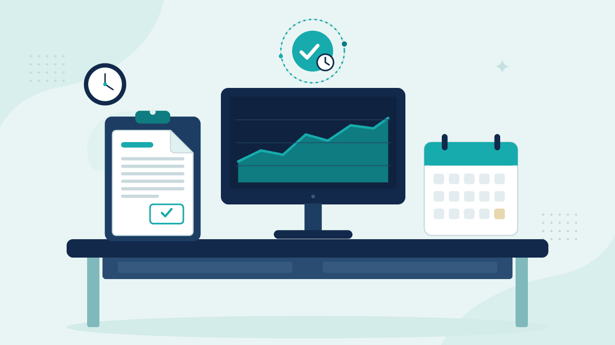Flat illustration of an approved trade ticket, a monitor showing a market price chart and a calendar with the trade date