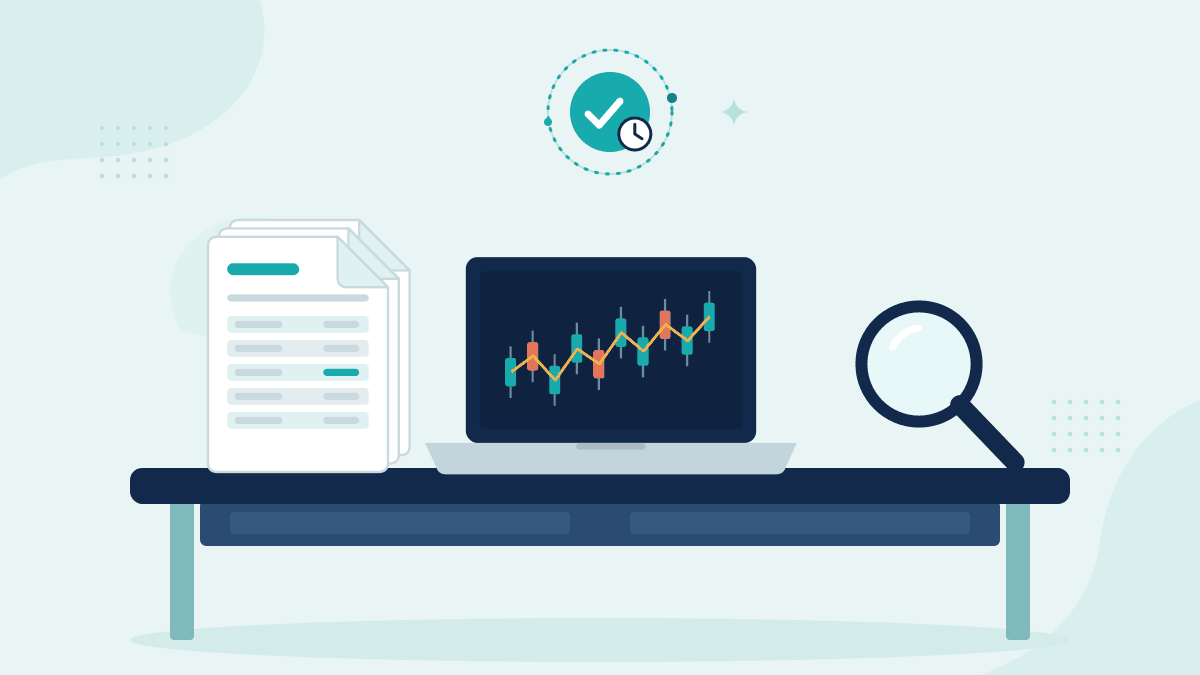 Flat illustration of a stack of trade confirmations, a laptop with a live trading chart and a magnifying glass