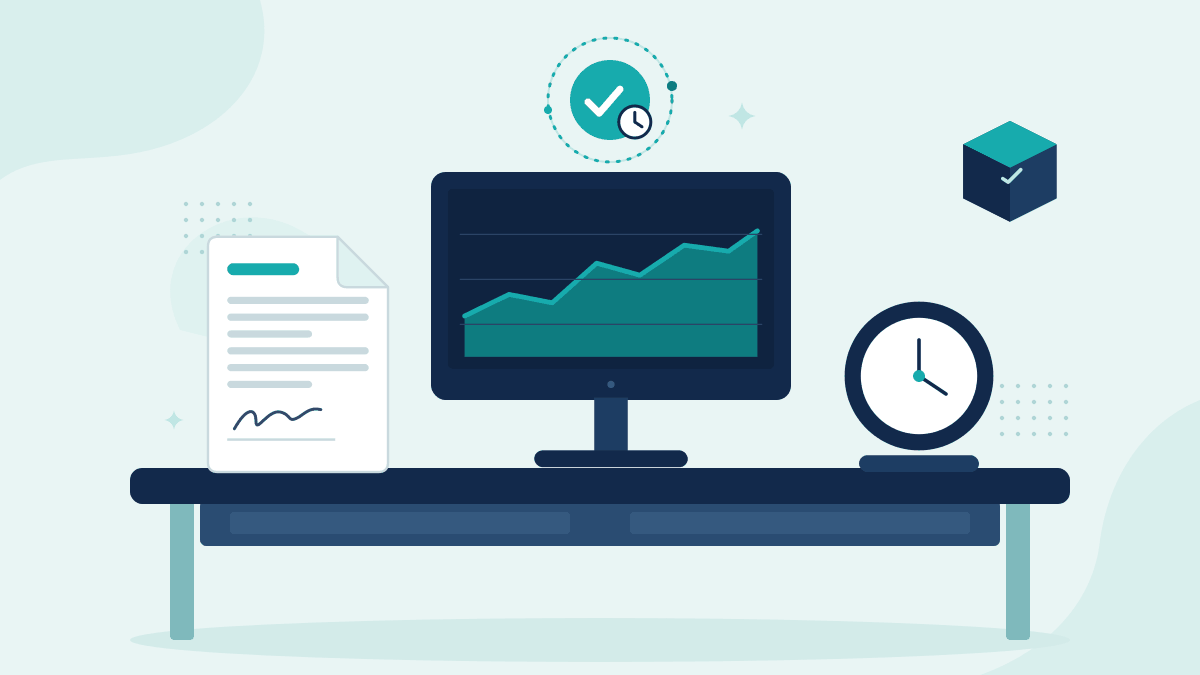 Flat illustration of a signed trade instruction, a monitor showing a market price chart and a desk clock