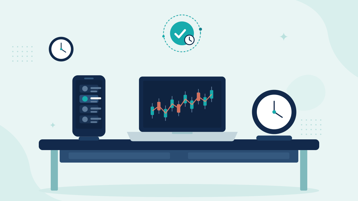 Flat illustration of a phone with a client order email, a laptop with a live trading chart and a desk clock