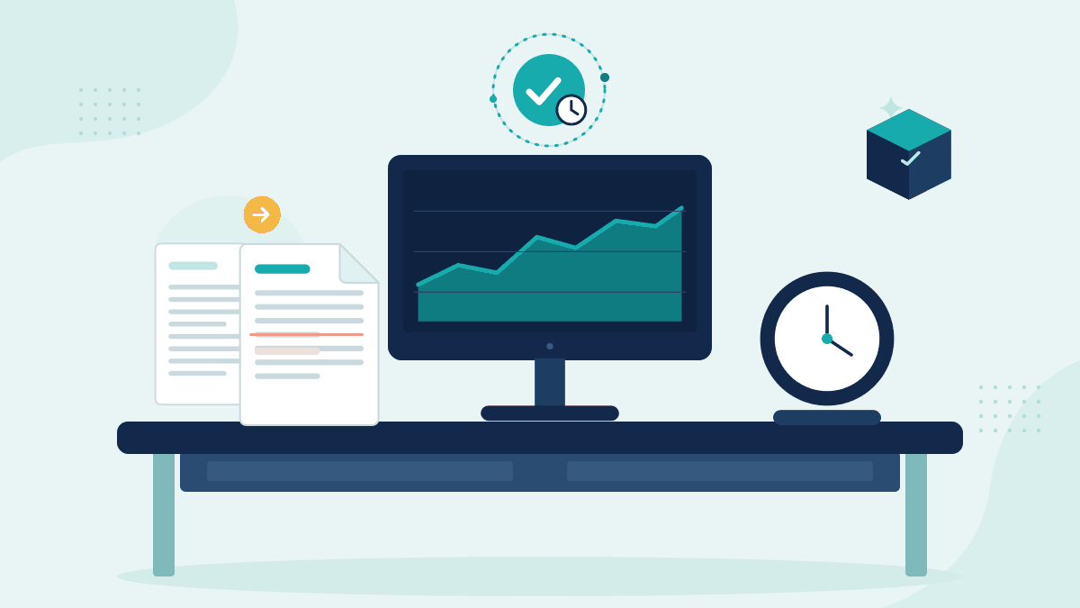 Flat illustration of two versions of a trade instruction, a monitor showing a market price chart and a desk clock