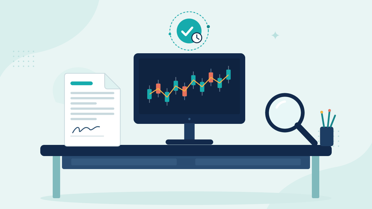 Flat illustration of a signed trade instruction, a trading screen with a candlestick chart and a magnifying glass