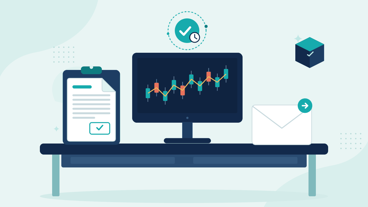 Flat illustration of an approved trade ticket, a trading screen with a candlestick chart and an email envelope