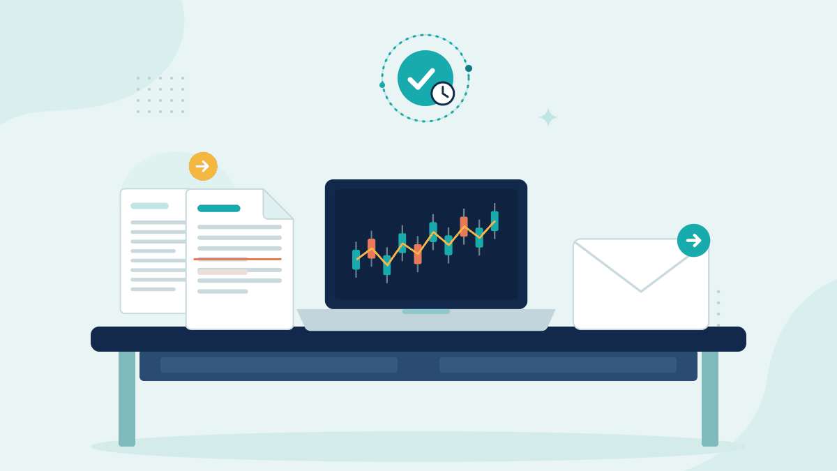 Flat illustration of two versions of a trade instruction, a laptop with a live trading chart and an email envelope