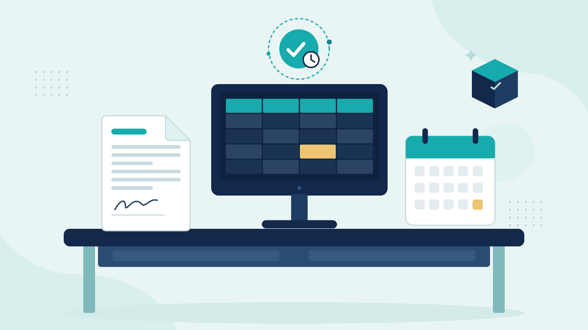 Flat illustration of a signed trade instruction, a monitor with an order spreadsheet and a calendar with the trade date
