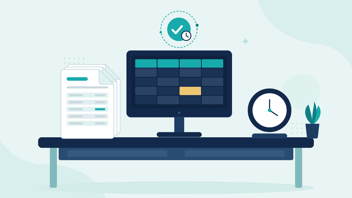 Flat illustration of a stack of trade confirmations, a monitor with an order spreadsheet and a desk clock