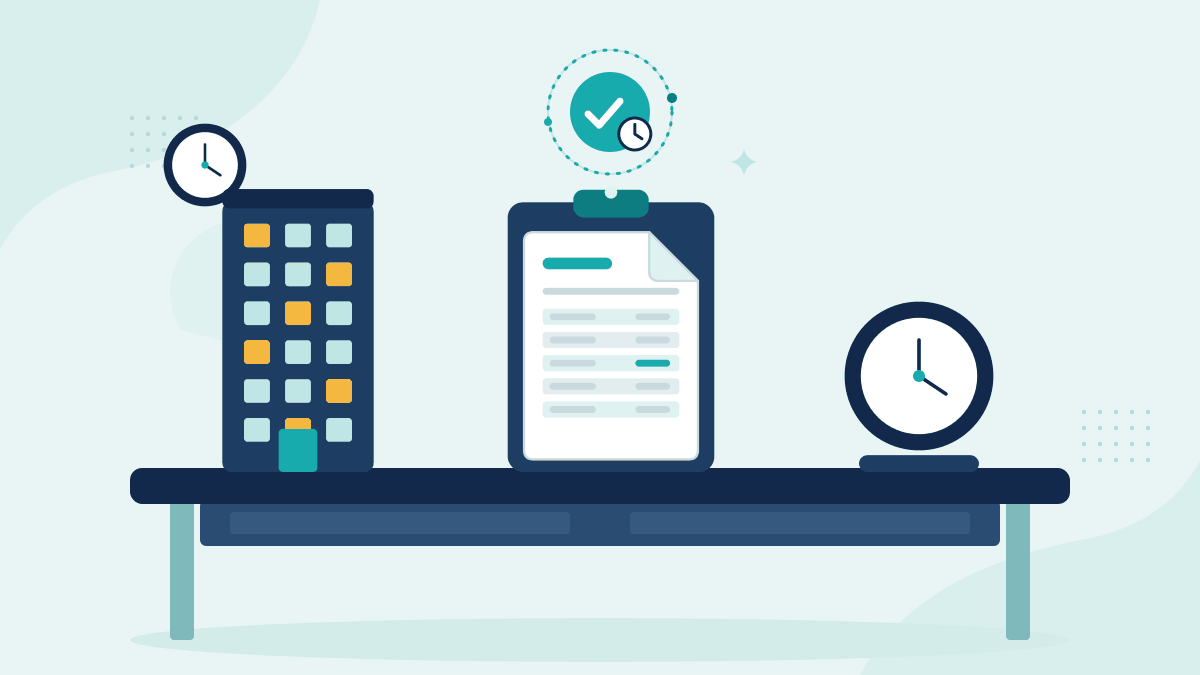 Flat illustration of an office building, a property condition report and a desk clock, with a teal timestamp badge