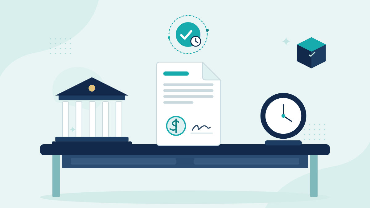 Flat illustration of a bank building, a signed loan agreement and a desk clock, with a teal timestamp badge