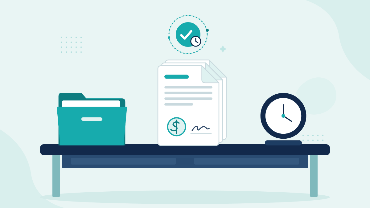 Flat illustration of a lender file folder, a loan approval file and a desk clock, with a teal timestamp badge