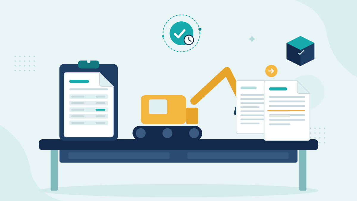 Flat illustration of a signed hire rate sheet, a wet-hire excavator and two rate sheet versions, with a timestamp badge