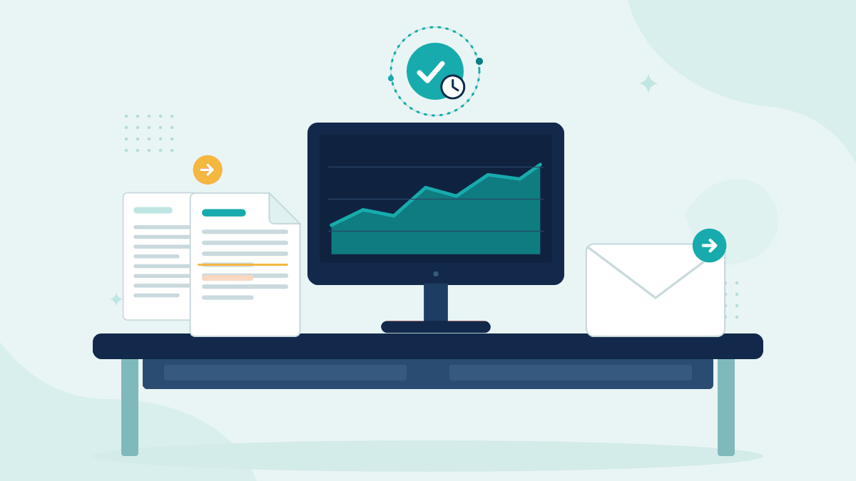 Flat illustration of two versions of a trade instruction, a monitor showing a market price chart and an email envelope