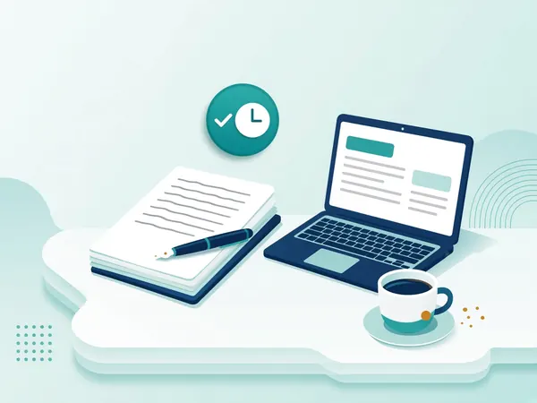 Flat illustration of a manuscript draft, a pen, a laptop and a cup of coffee on a writing desk, with a teal timestamp badge